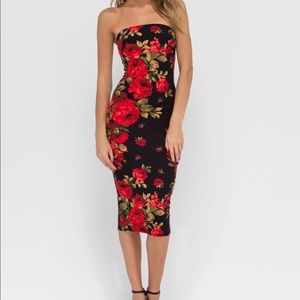 Strapless Floral Bodycon Midi Dress